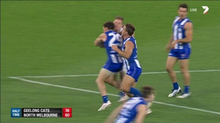 Brent Harvey has been offered a one-match ban for this clash with Joel Selwood. Photo: Channel Seven