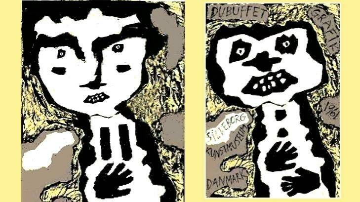 Jim Pavlidis's representation of Scott Pendlebury (left) in the style of Brut Art and (right) one of Jean Dubuffet's originals.