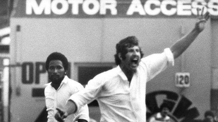 Australian bowler Max Walker appeals unsuccessfully for the lbw of West Indian batsman Andy Roberts in 1977. Photo: PURCELL