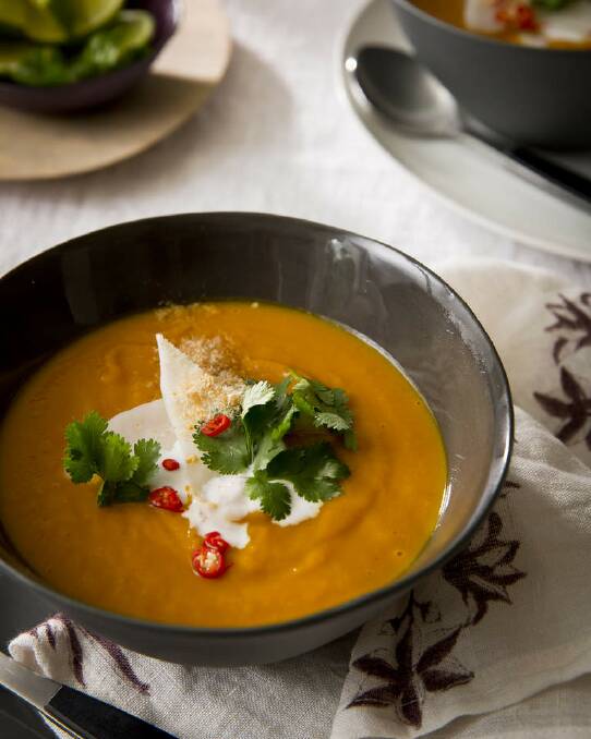 Karen Martini's roast pumpkin soup with Thai flavours and young coconut <a href="http://www.goodfood.com.au/good-food/cook/recipe/roast-pumpkin-soup-with-thai-flavours-and-young-coconut-20140428-37dr2.html"><b>(RECIPE HERE).</b></a> Photo: Marcel Aucar