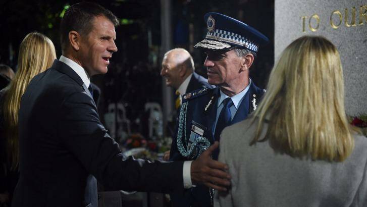 NSW Premier Mike Baird, left, and Police Commissioner Andrew Scipione at the Anzac Day Dawn Service at Martin Place.  Photo: Nick Moir