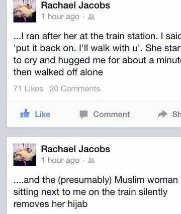 The message posted on Rachael Jacobs' Facebook page.