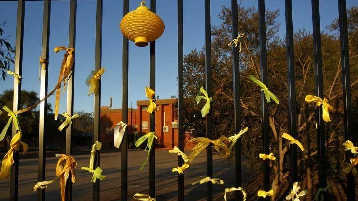 Yellow ribbons tied to the fence of Leeton High School for murdered teacher Stephanie Scott. Photo: Kate Geraghty