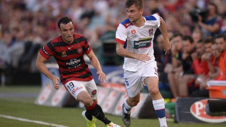 Former life: Cameron Watson during his one-year deal with Newcastle Jets. He is now playing for Indian champions Bengaluru FC. Photo: Brett Hemmings