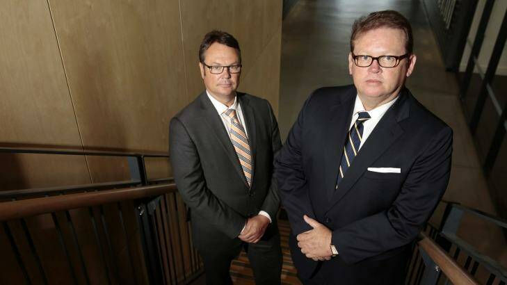 Brumbies chairman Robert Kennedy, left, and former chief executive Michael Jones. Photo: Jeffrey Chan