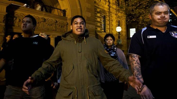 Protesters perform the haka outside the Intercontinental last night. Photo: Dominic Lorrimer
