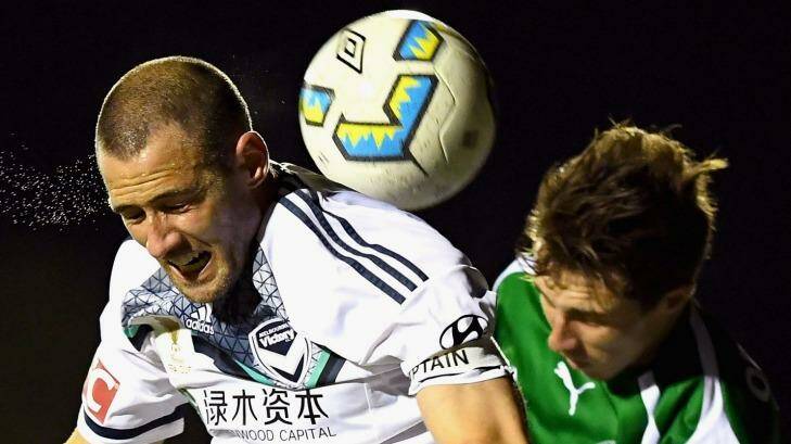 Melbourne Victory’s Carl Valeri heads the ball during the FFA Cup quarter-final match against Bentleigh Greens.  Photo: Quinn Rooney