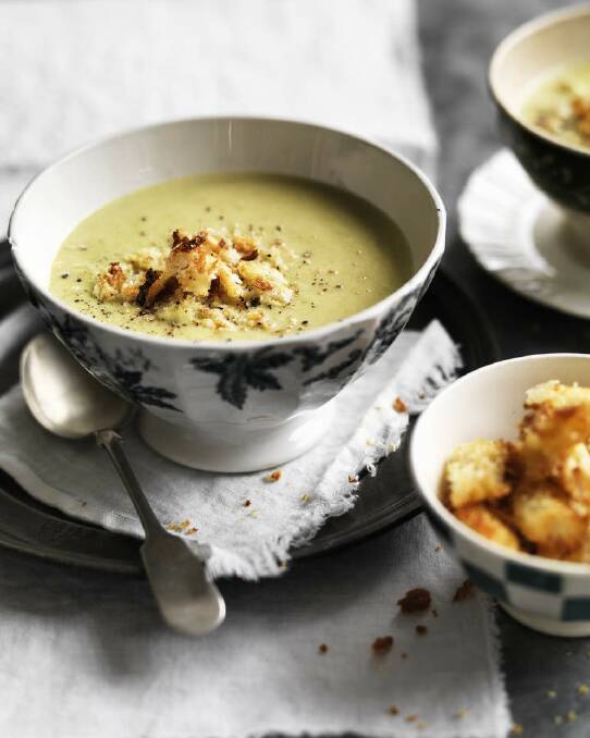 Neil Perry's cream of asparagus soup <a href="http://www.goodfood.com.au/good-food/cook/recipe/cream-of-asparagus-soup-with-parmesan-croutons-20120904-29tt1.html"><b>(recipe here).</b></a> Photo: William Meppem