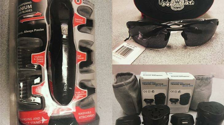 A men's shaver, sunglasses and international power adapters found in Fatima Elomar's luggage. Photo: NSW District Court