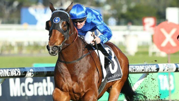 Impressive: Christian Reith rides Haussmann to a strong win in the Civic Stakes at Rosehill. Photo: Anthony Johnson