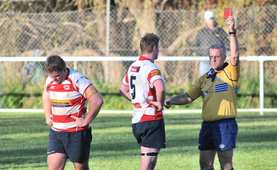 SEEING RED (right): Gabe Brown is eyeing off a crack at the Emus pack again after being red carded back in round six. 
Photo: STEVE GOSCH 0523sgrugby9