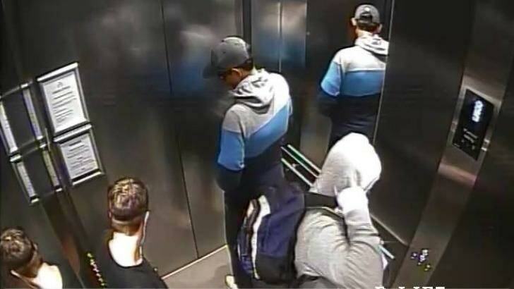 The two men captured by CCTV in a lift in Zetland. Photo: NSW Police
