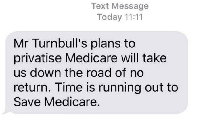 The controversial text message warning of a threat to Medicare from the Coalition. Photo: supplied