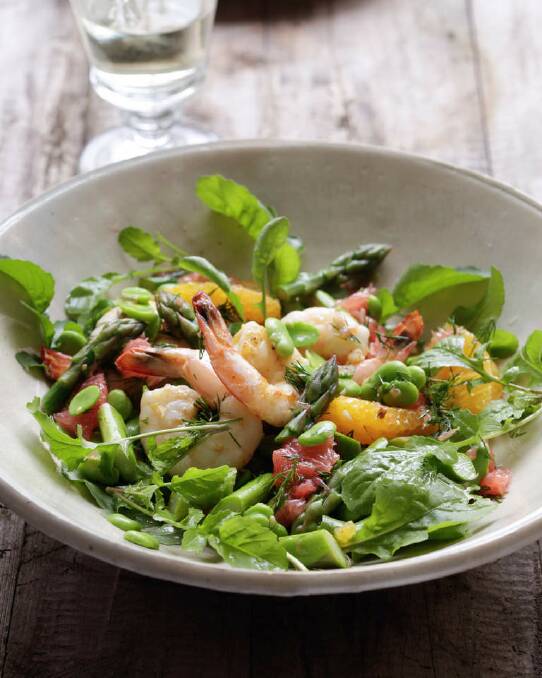 Spring salad of asparagus, prawns and citrus <a href="http://www.goodfood.com.au/good-food/cook/recipe/spring-salad-of-asparagus-prawns-and-citrus-20111019-29uh7.html"><b>(recipe here).</b></a> Photo: Marina Oliphant