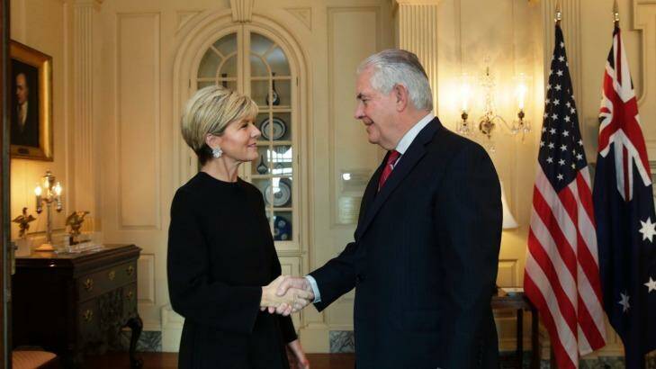 Ms Bishop and US Secretary of State Rex Tillerson meet at the State Department in Washington earlier this week.  Photo: Yuri Gripas