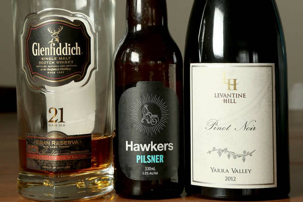 Preferred tipples (from left) Glenfiddich single malt, Hawkers pilsner and Levantine Hill pinot. Photo: Pat Scala