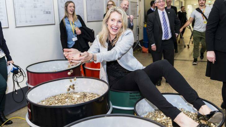 Atlanta Olympic hockey gold medalist Louise Dobson launching the special issue $2 coins at the Mint in Canberra. Photo: Supplied