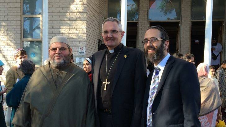 Sheikh Yahya Safi, the Reverend Andrew Dutney and Rabbi Zalman Kastel at the Lakemba Mosque. Photo: Michael Koziol