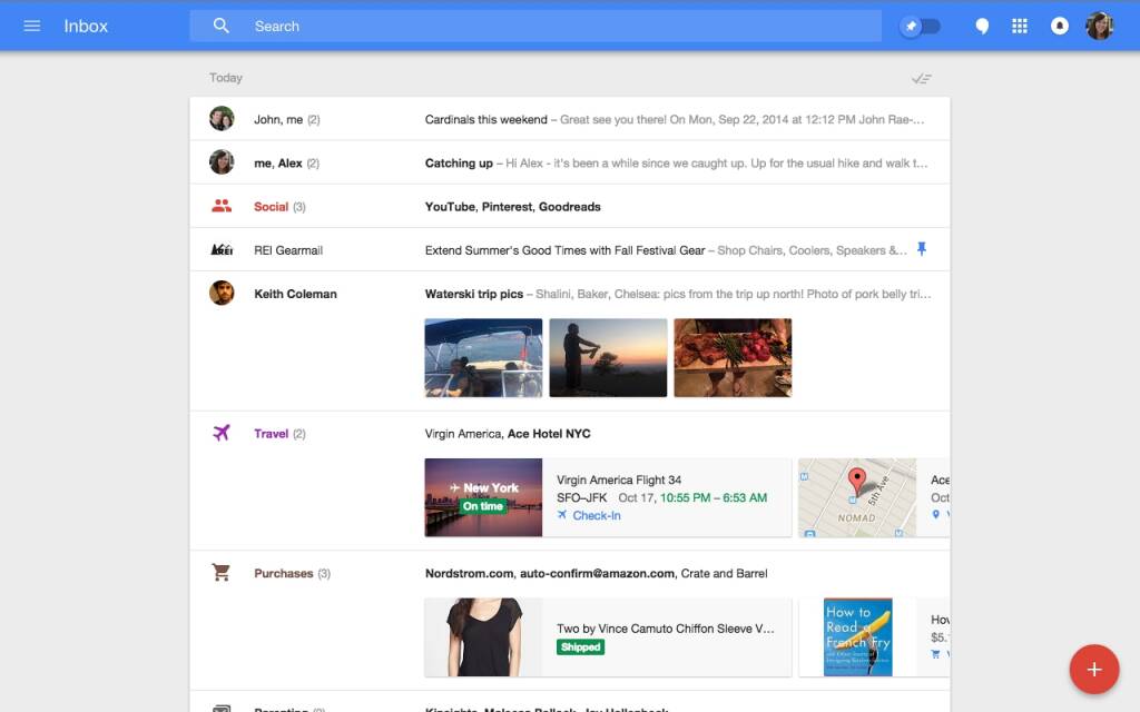 Gmail's new Inbox app displays attachment thumbnails, pre-sorts emails and includes features such as bulk actions, reminders and pins. Photo: Supplied