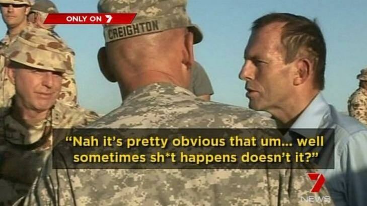 Sh*t happens: Tony Abbott puts his foot in his mouth while talking to Australian soldiers.