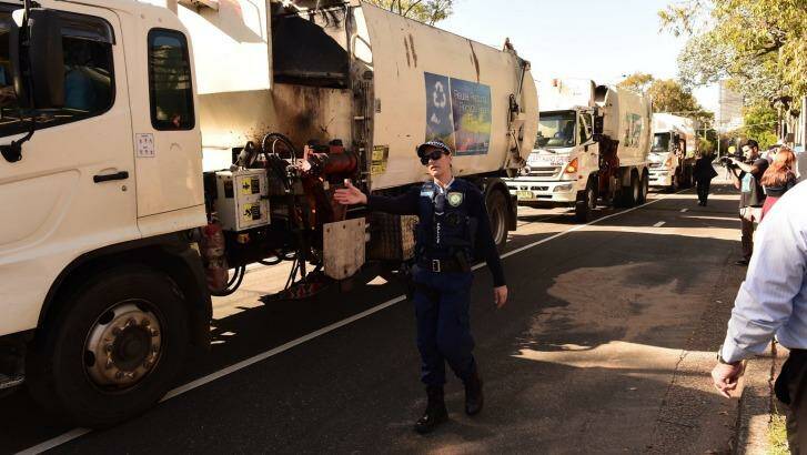 Garbage trucks drove from Blacktown to SBS headquarters in Artarmon to protest the program. Photo: Nick Moir