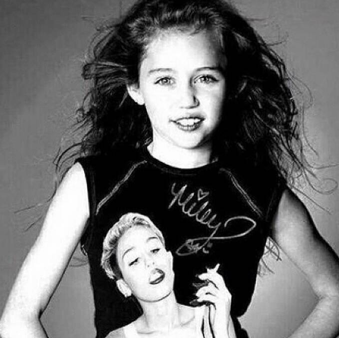 Miley Cyrus posted a flashback picture on Instagram of her younger self wearing a T-shirt with her adult face on it. Photo: mileycyrus/Instagram