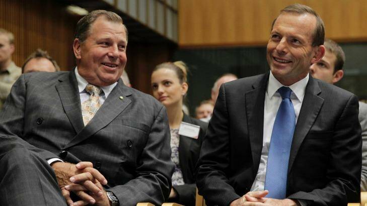 Federal Liberal MP Bob Baldwin with Prime Minister Tony Abbott in 2012. Photo: Andrew Meares