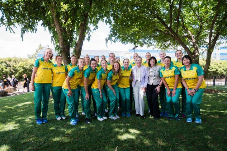 Australian Netball Diamonds players with the new federal sports minister Bridget McKenzie and Australia sports commission CEO Kate Palmer. Photo: Dion Georgopoulos
