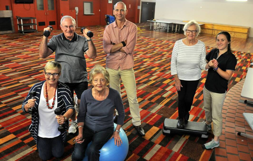 GETTING ACTIVE: (Back) Phil Nokes, CSU Biomedical Science lecturer Dr James Wickham, Gwen Wythes and research physiotherapist Shona Manning with (front) Lee Edmondston and Thelma Clothier are taking part in a CSU study into health coaching for older people and are encouraging others to get involved. Photo: STEVE GOSCH 0127sgstudy2 