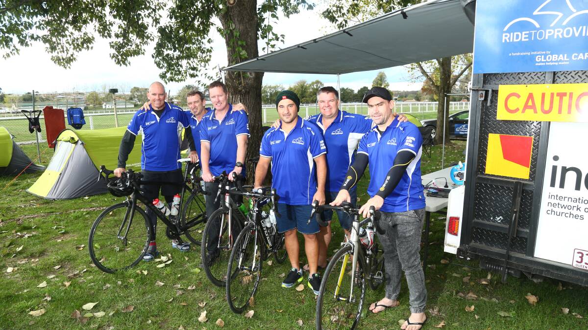 RIDING HIGH: Ross Abraham, Don Lewis, Peter Pilt, Jack McDonald, Andy Backhouse and Brad Whittington take a break at Orange Showground on the Ride to Provide. Photo: PHIL BLATCH