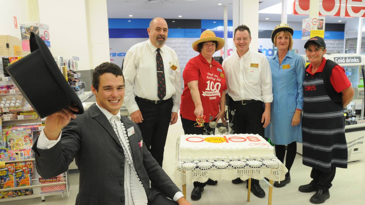 CENTENARY: Coles staff celebrate 100 years. Pictured are Matt Haege, Steve Meyers, Kerry Foster, Mark Kinsela, Di Bowman and Kerry Campbell. Photo: STEVE GOSCH 0409sgcoles1