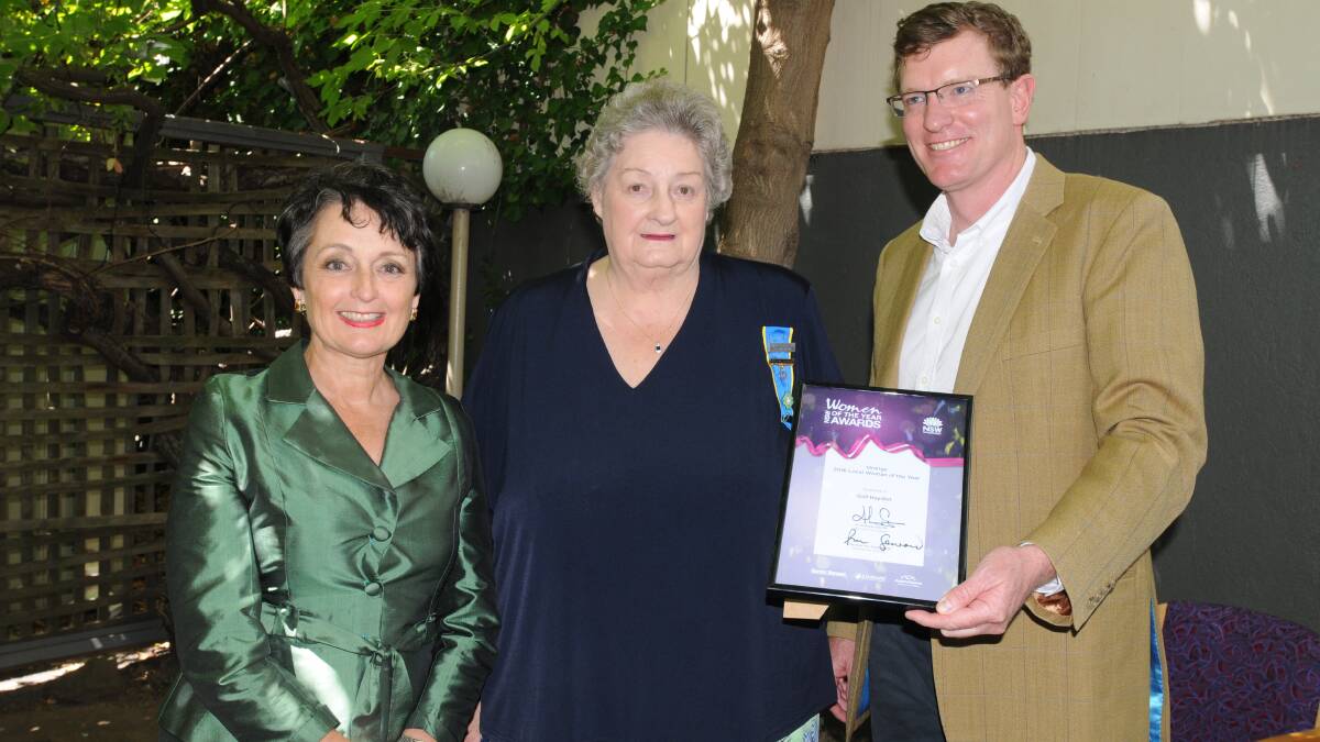 SERVICE RECOGNISED: Orange Woman of the Year Gail Hayden with NSW Minister for Women Prue Goward and member for Orange Andrew Gee. Photo: JUDE KEOGH 