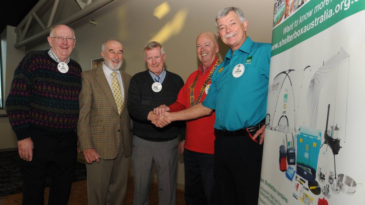 HELPING HANDS: Rotary Club of Orange North president elect Ian Sawtell, secretary Peter Byrne, treasurer John Brennan, president Austin Morgan and District 9700 Shelterbox ambassador Roy Ferguson are part of the group who organised $7000 for emergency shelterboxes.