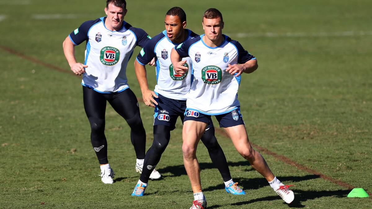 CANBERRA FOCUS: Jack Wighton trains with NSW players Paul Gallen and Will Hopoate. Photo: GETTY IMAGES