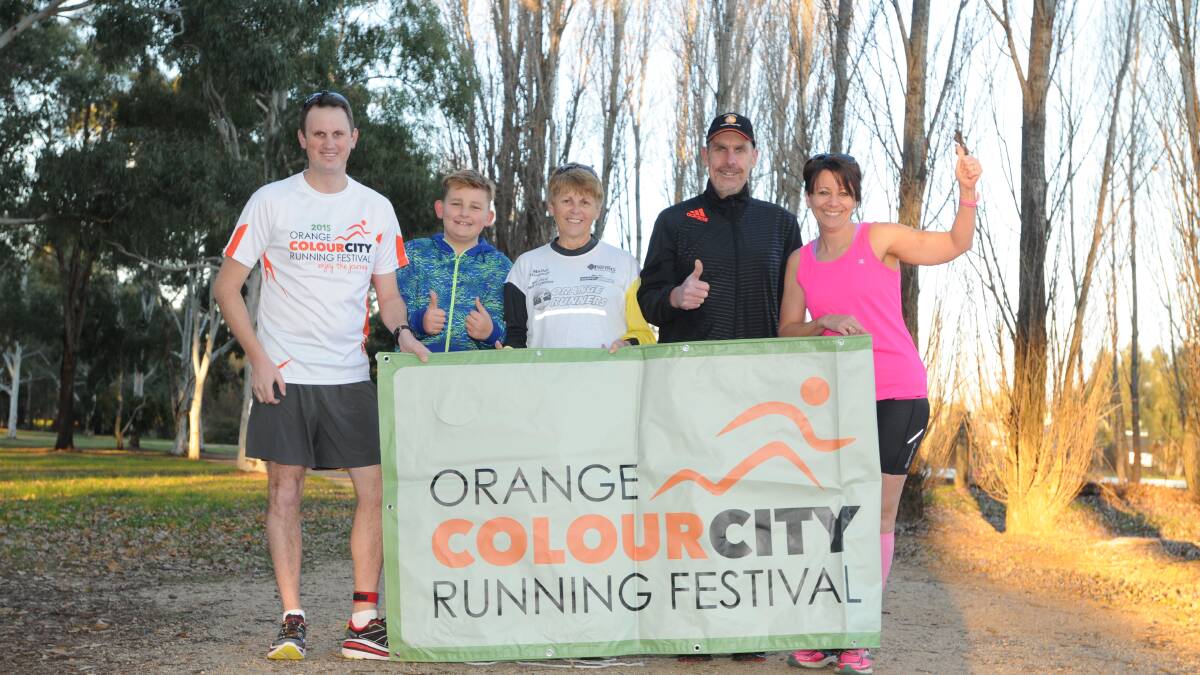 CHARITABLE RACE: Orange Colour City Running Festival organisers David Gibson, Ethan McArdle, Glenys Rosser, Andrew McArdle and Renai McArdle are encouraging charities to apply to become the 2016 festival partner.
 Photo: KELLY LUCAS 0701KLRUNNERSCLUB
