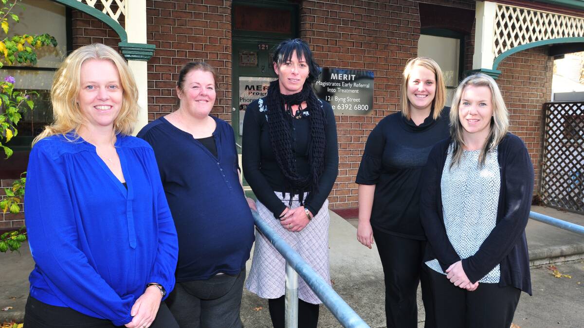 ON THE CASE: Making a difference in the lives of people charged with drug and alcohol-related offences are MERIT counsellors Tania Martin (team leader), Kylie Christopherson, Dee Racic, Kass Gosling and Belinda Fisher. 
Photo: JUDE KEOGH  0430merit1
