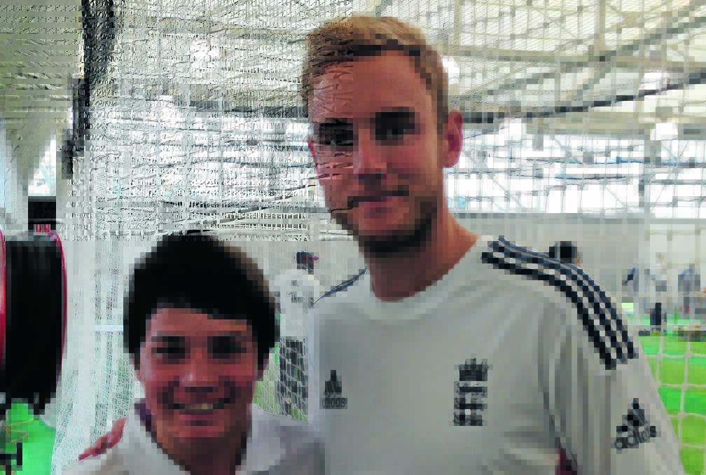 MAGIC MOMENT: Michael Hannelly meets England all-rounder Stuart Broad during this summer's Ashes tour.