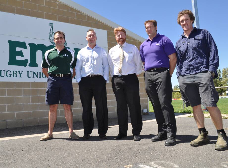 GREEN WITH ENVY: Orange Emus Junior Rugby Club will hold sign-on days today and on Sunday, with (from left) Anthony Cook, Derek Scott, Geoff Potts, Ben Bright and Keith Howarth making up part of the Greens’ junior coaching team. Photo: NICK McGRATH  0220nmemus
