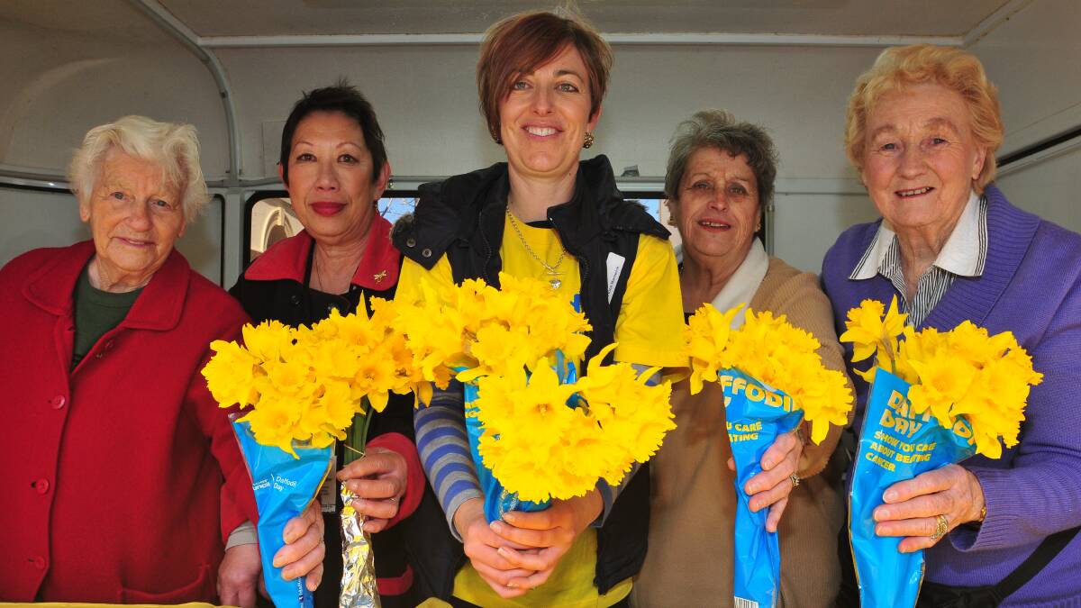 RAY OF SUNSHINE: Cancer Council volunteers Zena Clout, Corinne Stringer, community programs coordinator Fiona Markwick, Beverley Charles and Peg Adams sell fresh daffodils yesterday. Photo: LUKE SCHUYLER 0822lsdaffodil

