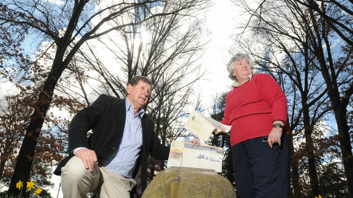 WALKING THE TRAIL: WWI Centenary Community Committee chair Reg Kidd and Orange and District Historical Society’s Elizabeth Griffin at the war memorial in Newman Park, dedicated to 16 former East Orange Public School students who died in World War I.