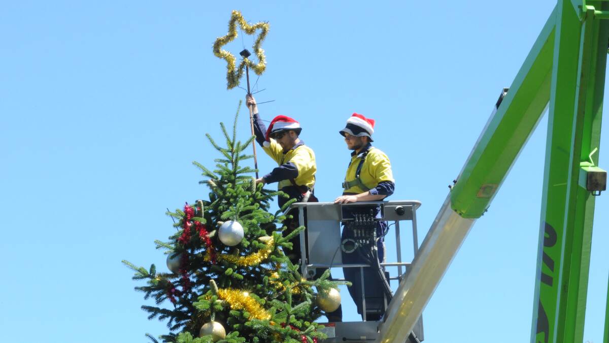 FESTIVE SPIRIT: Orange City Council’s parks and gardens’ staff John Wall and Ben Wells helped add a touch of Christmas to a large tree in Cook Park. Photo: JUDE KEOGH 		        1209cookparkxmas4
