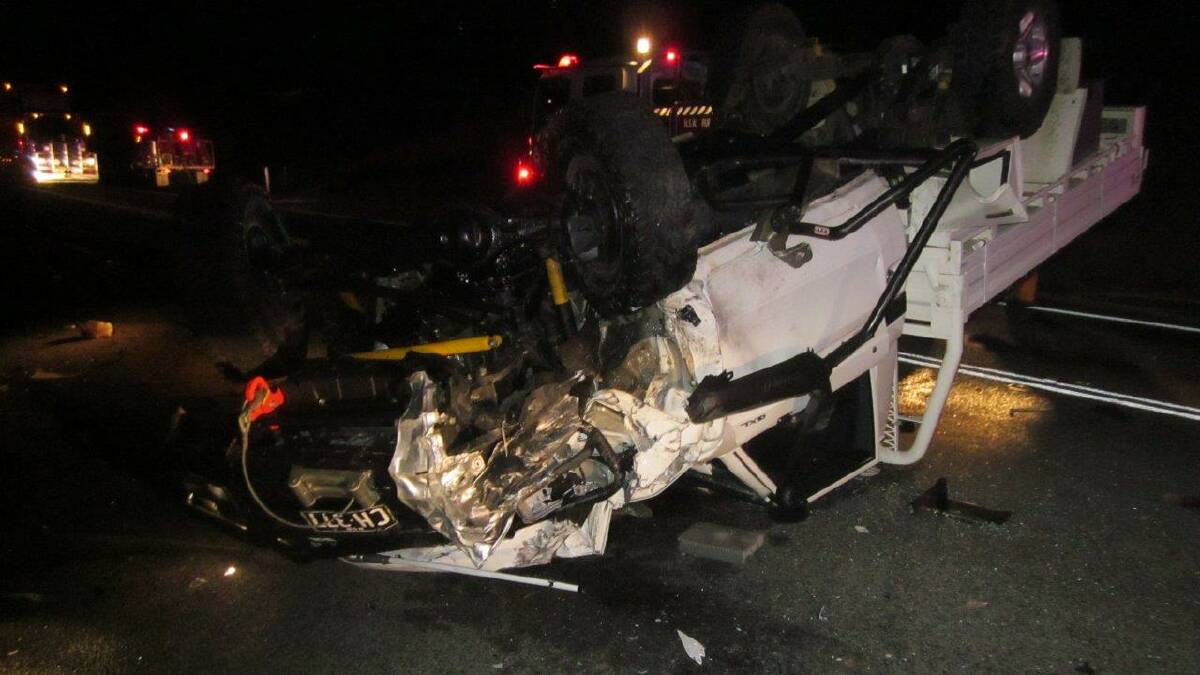 CRASH: The wreckage of the white utility allegedly driven by Orange man Grant Robert Hughes on July 28, 2015. 