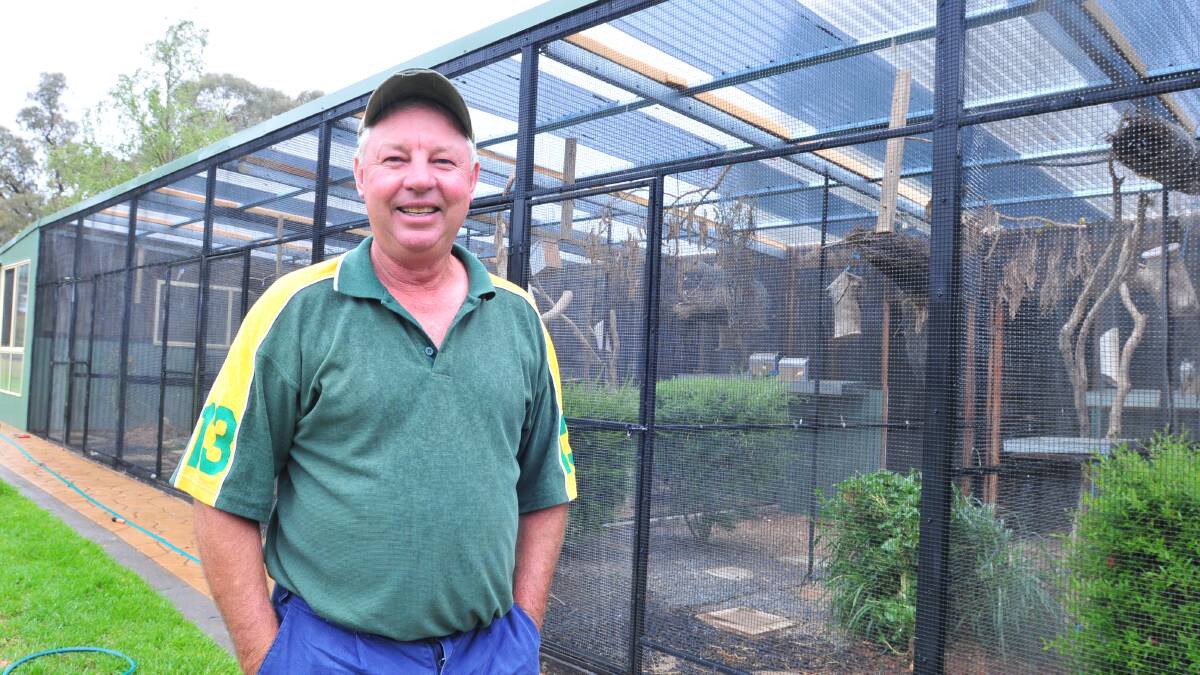 THAT'S DEDICATION: Orange Bird Society president Tony Ford in front of his extensive bird aviaries. He will be one of the sellers at Saturday's huge bird sale. Photo: JUDE KEOGH   0219birdsale1