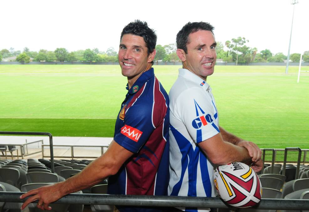 BACK AT IT: NSW Country coach Trent Barrett and his City counterpart Brad Fittler launched the annual NRL fixture in Dubbo yesterday.