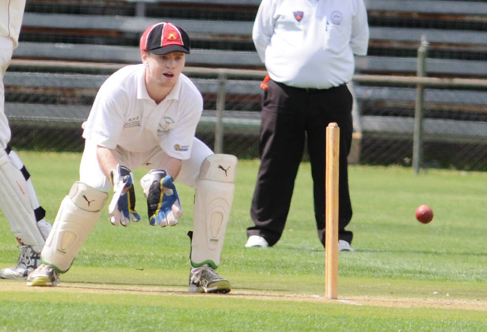 CRICKET: Centrals first grade keeper Max Dodds waits to collect the ball in his side's ODCA semi-final loss to Cavaliers at Wade Park on the weekend. Photo: STEVE GOSCH