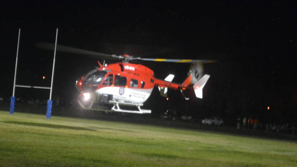 TAKE OFF: The 24-hour rescue helicopter on its way from Kennard Park in Wellington to Orange Hospital on Friday night.    