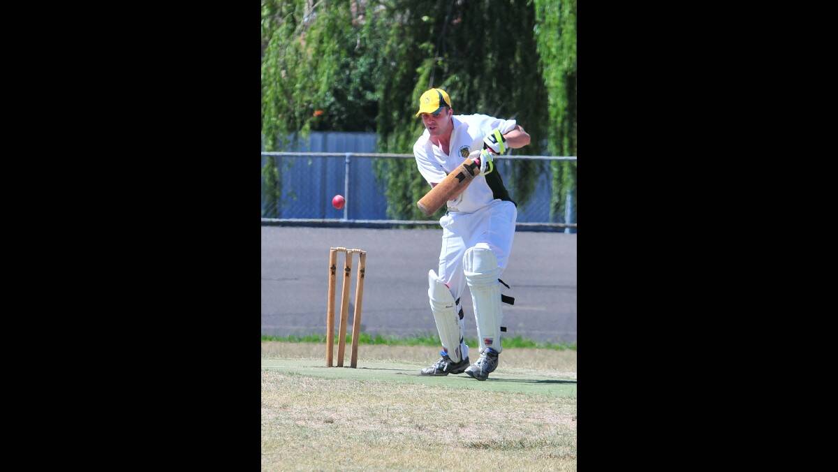 CRICKET: Orange CYMS skipper Pat Duffy plays into the offside in his side's ODCA centenary cup game against Orange City at Moulder Park on Saturday. Photo: JUDE KEOGH