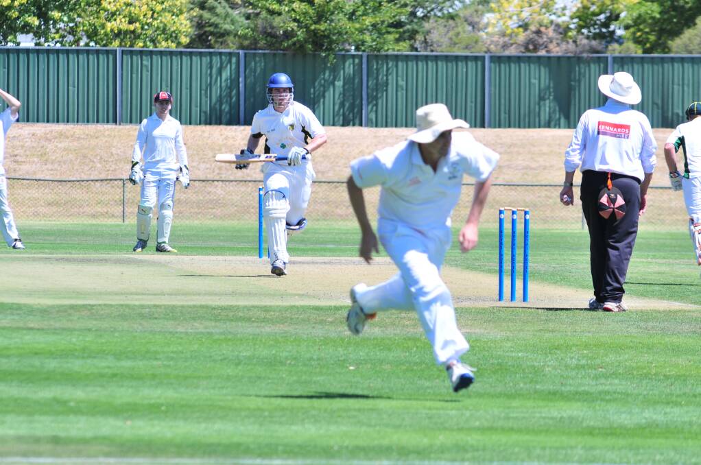 CRICKET: Orange CYMS' skipper Hugh Le Lievre takes a run against Centrals in ODCA first grade action at Wade Park on Saturday. Photo: JUDE KEOGH