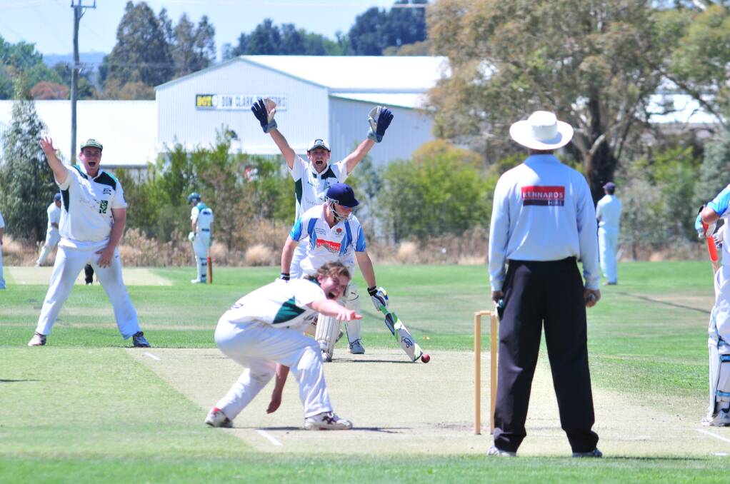 CRICKET: Orange City's Ben Findlay leads the appeal for the wicket of Waratahs' Andrew Rawson in ODCA first grade action at Sir Jack Brabham Park on Saturday. Photo: JUDE KEOGH