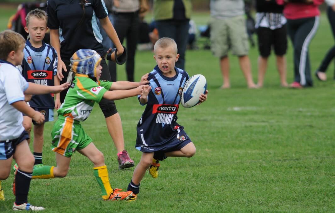 RUGBY LEAGUE: Bloomfiled Tigers' under 7s' Flynn Ruddy proves hard to stop on Saturday. Photo: STEVE GOSCH